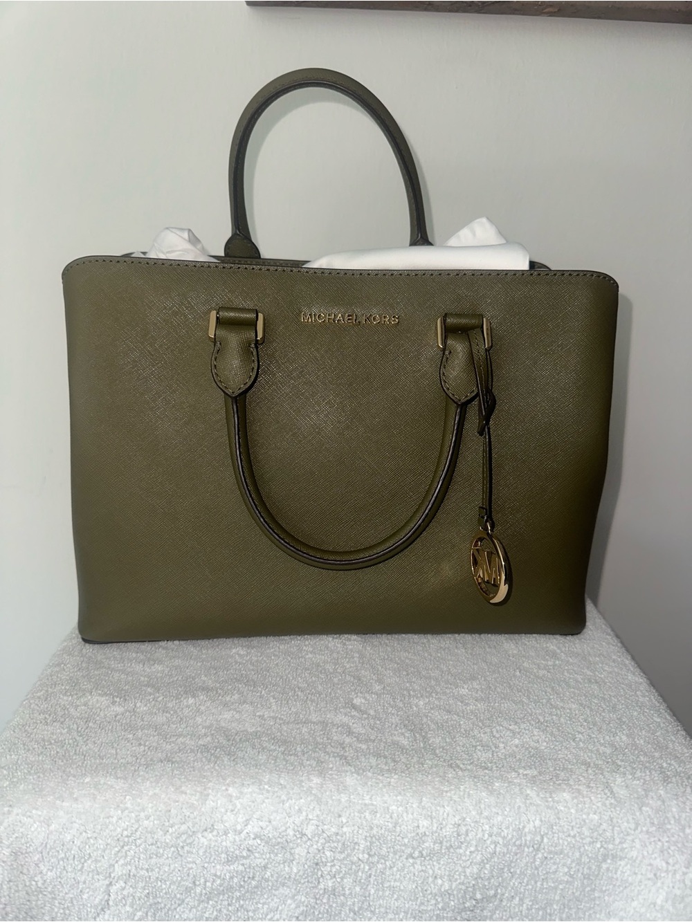 Michael Kors Olive Saffiano Leather Satchel with Gold Hardware